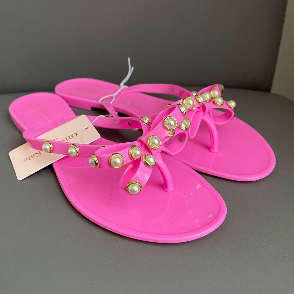 Olivia & Kate Pink Pearl Bownot Jelly Sandals Women’s Size 10